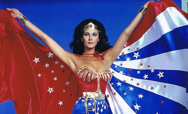 Lynda Carter in colorful Wonder Woman costume and cape