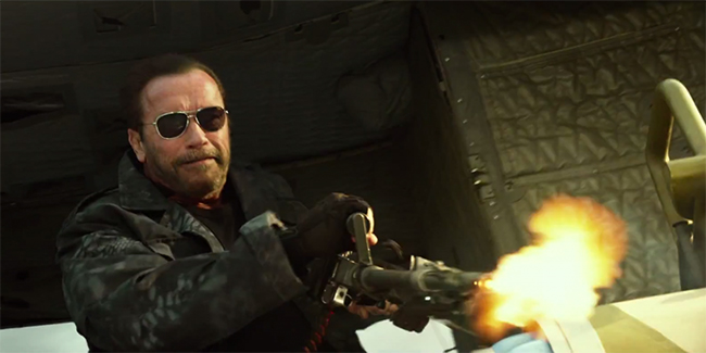 Arnold Schwarzenegger shooting out of the helicopter in The Expendables 3
