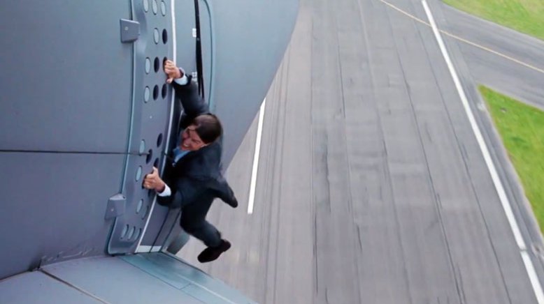Tom Cruise strapped to a plane when it takes off for real in Mission Impossible Rouge Nation