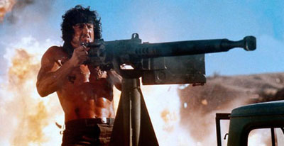 Sylvester Stallone in Rambo III fires the anti-aircraft gun Dahaka 12.7 mm
