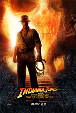 Indiana Jones and the Kingdom of the Crystal Skull movie poster showing Indy with his whip standing backlit by a glowing crystal skull