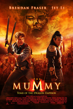 The Mummy Tomb of The Emperor movie poster showing Brendan Fraser and Jet Li with the villain and the army in the background