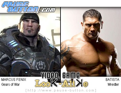 drawing of Marcus Fenix from Gears of War next to photo of wrestler Dave Batista