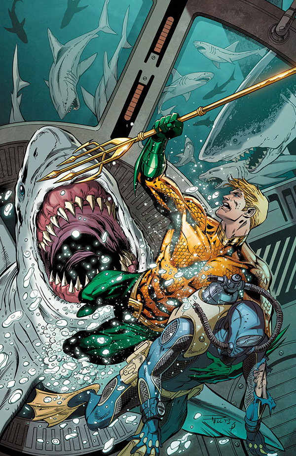 Aquaman fighting sharks and rescuing a diver