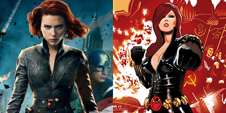 Black Widow costume in the movies versus the comic book