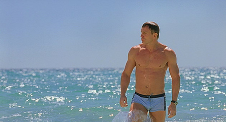 Daniel Craig as James Bond in Casino Royale in blue bathing suit in Nassau, Bahamas