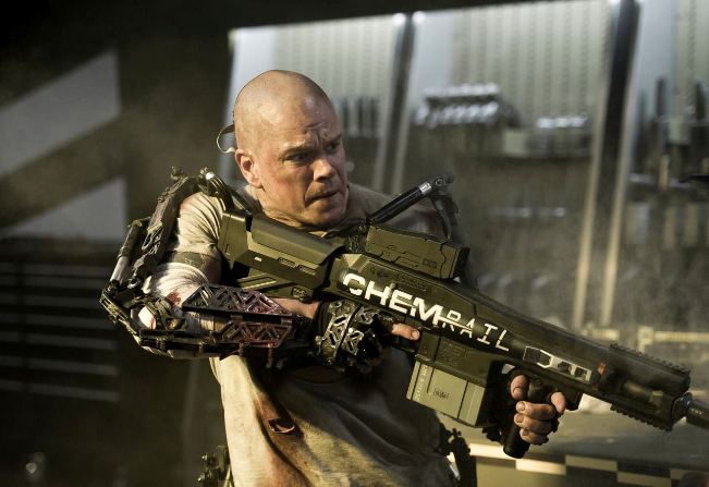 Matt Damon with weapon from Elysium