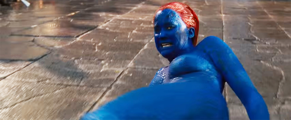 Jennifer Lawrence as Mystique basically naked and being dragged down the street
