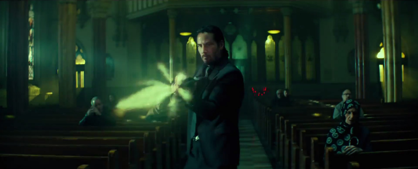Keanu Reeves as John Wick shooting in a church