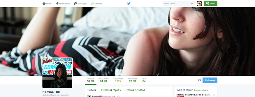 Katrina Hill's Action Chick twitter cover photo in bed