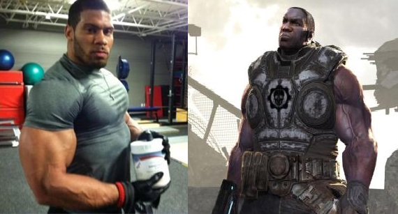 photo of LaRon Landry next to drawing of Augustus Cole from Gears of War