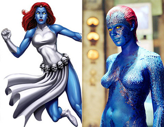 Mystique comic book costume versus naked movie version