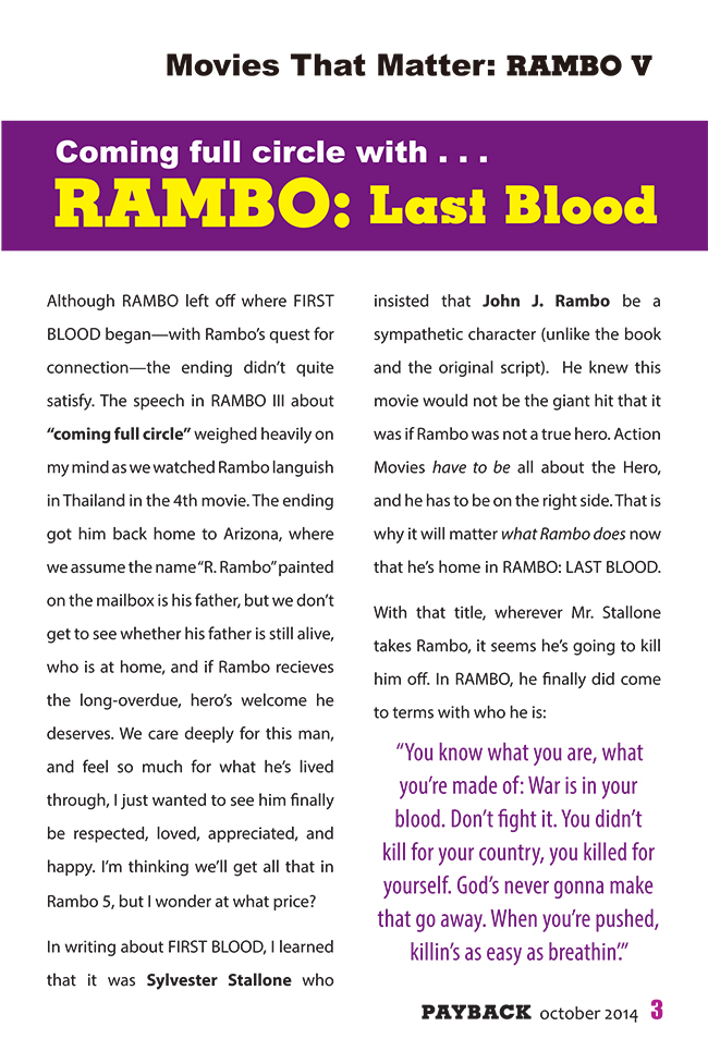 Movies That Matter: Rambo V a story in PAYBACK action movie magazine by actionmoviefreak.com