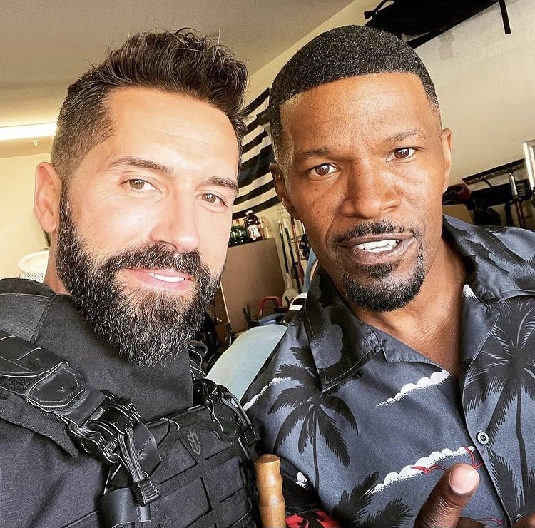 Scott Adkins and Jamie Foxx on the set of Day Shift