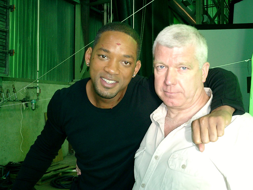Andy Armstrong on the set of I,Robot with Will Smith