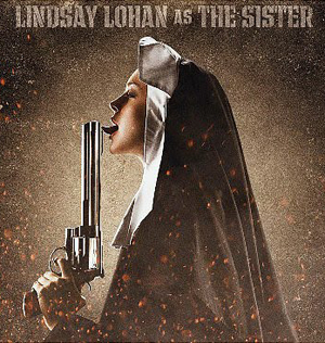 Lindsay Lohan dressed as a nun licking a gun in Machete