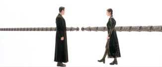 The Matrix movie Neo and Trinity arm up