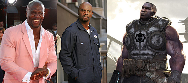 Terry Crews collage pink jacket_Everybody Hates Chris Dad in coveralls_and character from Gears