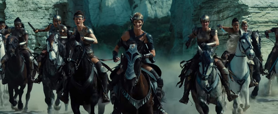 Amazons charging into battle on horseback in Wonder Woman (2017)