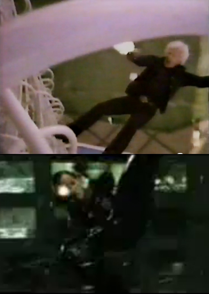 backwards fall while shooting stunt by Dar Robinson in Stick and Trinity in The Matrix
