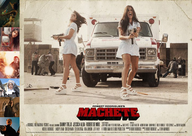 composite photo of Robert Rodriguez's Machete nurses movie poster