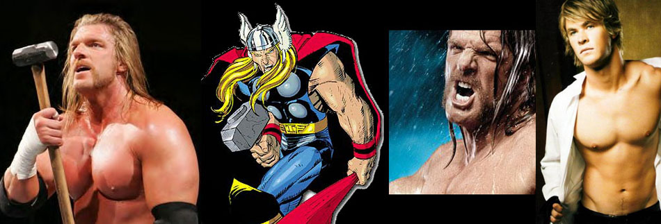 collage of Thor promoting Triple H as Thor versus scrawny Chris Hemsworth