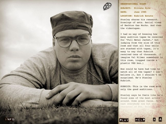 a page from Matthew Modine's Full Metal Jacket Diary book and app showing a photo of Vincent D'Onofrio