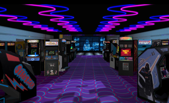 interior of 1980s era video game arcade